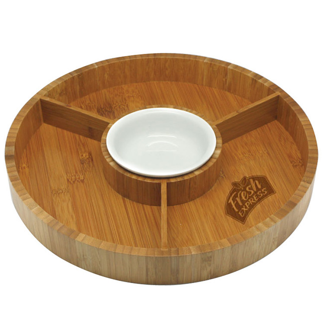 unknown Eco-Friendly 3-Sectional Gourmet Bamboo Serving Tray + Ceramic Bowl