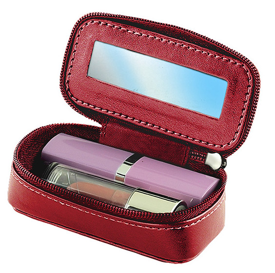 Red Cosmetic Compact Zipper Mirror Lipstick Leatherette Case*