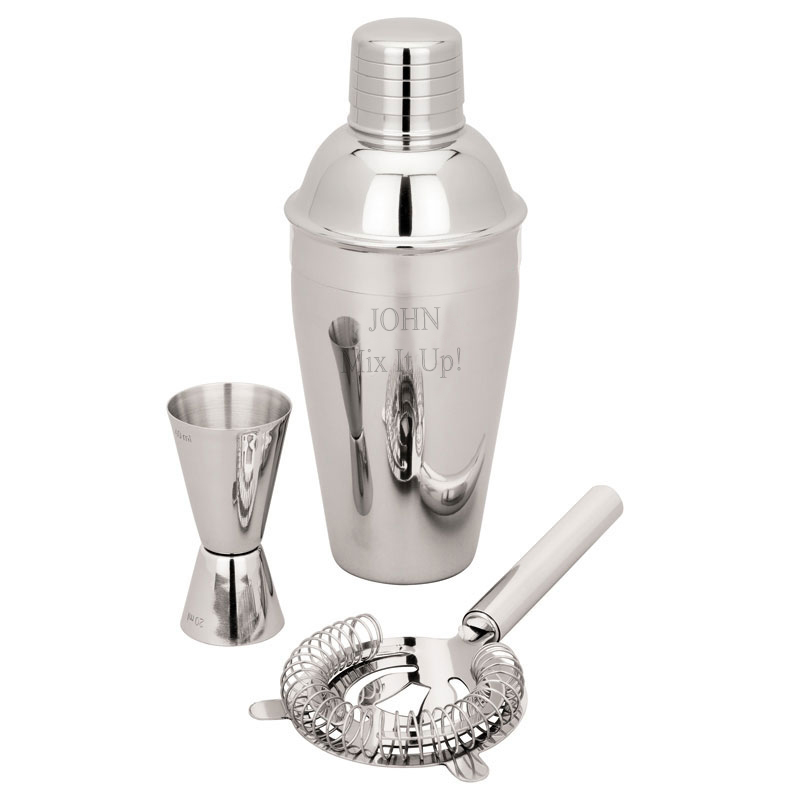 unknown Personalized Stainless Steel Martini Shaker Double Jigger Strainer Set