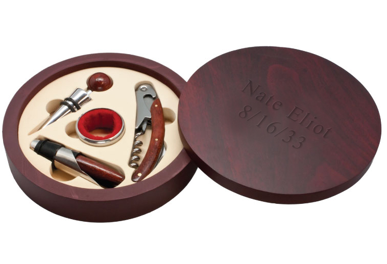 unknown Personalized Round Wood Case 4-Pc Wine Tool Set