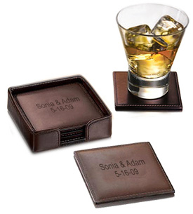 unknown Square Brown Leather Coasters with Holder (Set of 4)