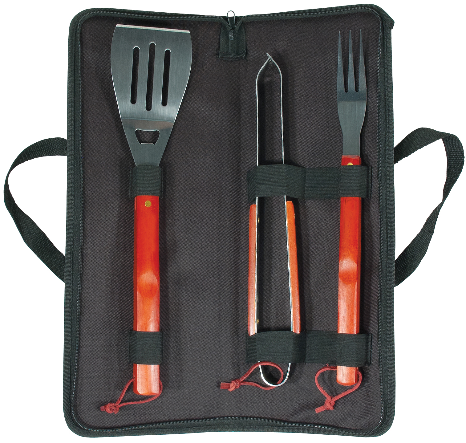 3 Piece Stainless Steel with Wooden Handles BBQ Tool Utensil Set Travel Case Set