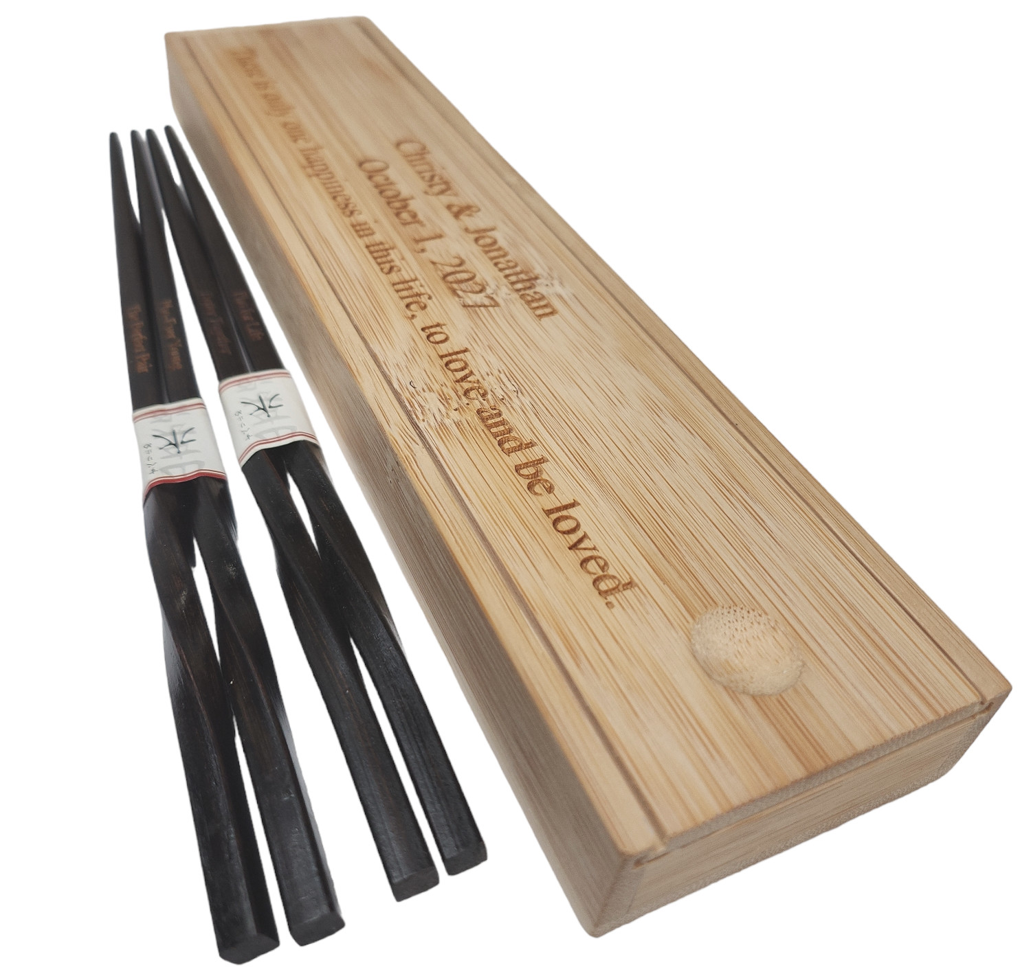 Engraved Fine Dining Twisted Dark Brown Wood Chopsticks & Chopstick Bamboo  Box