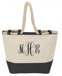 Black Nautical Zippered Closure Canvas Beach Tote Bag with Rope Handles