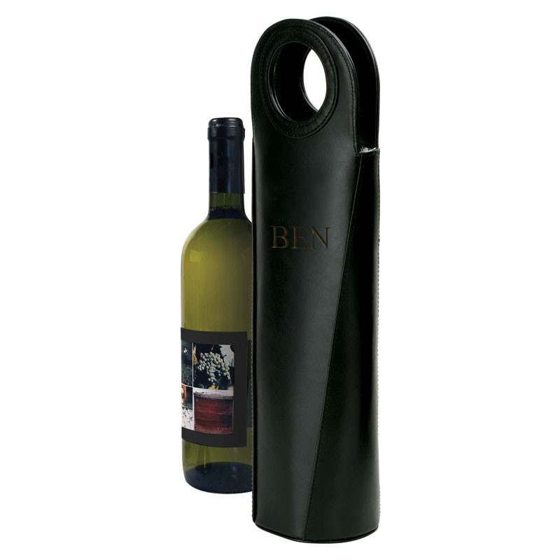 Single Insulated Black Leather Wine Bottle Bag Carrier with Carry Handles