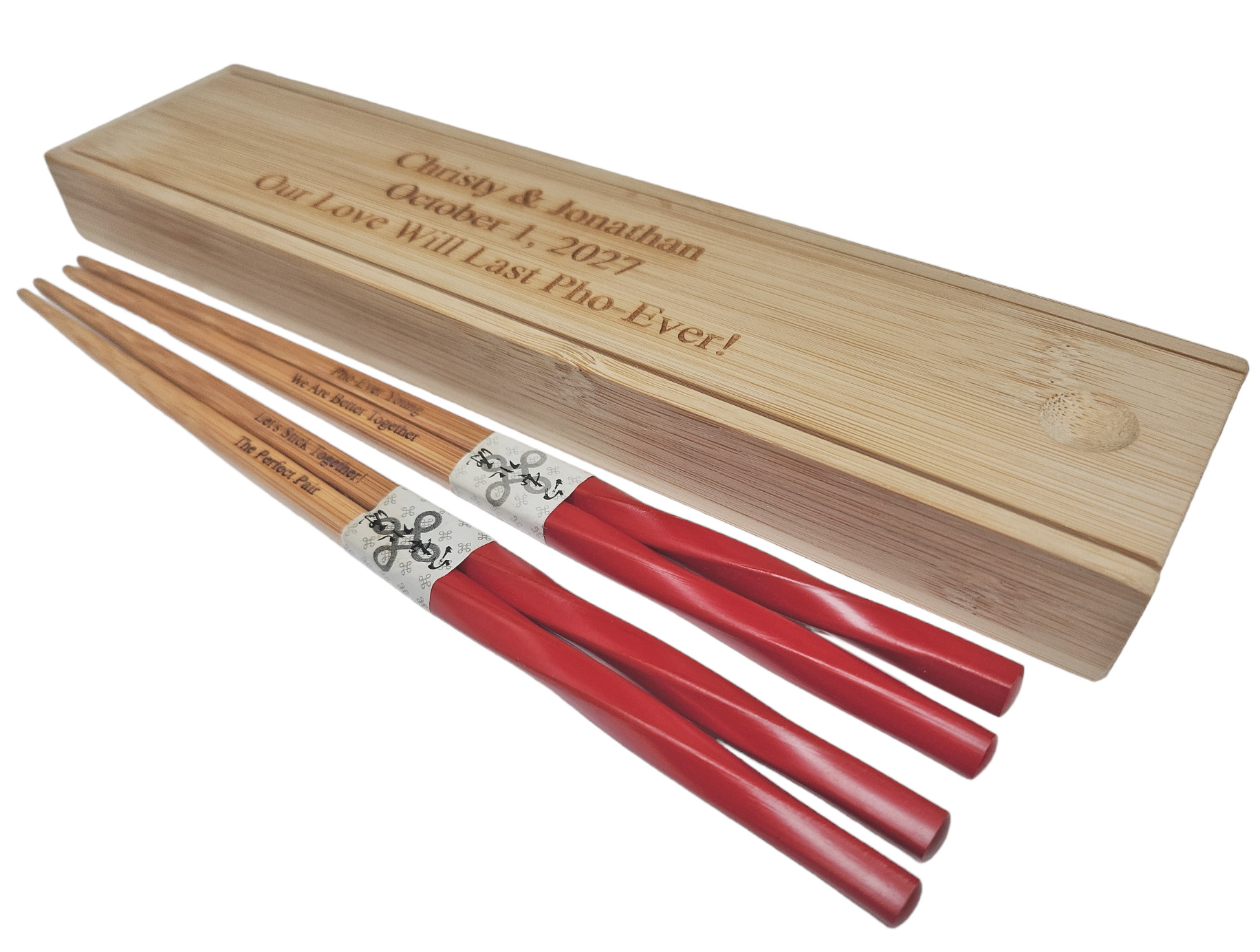 Engraved Fine Dining Twisted Dark Brown Wood Chopsticks & Chopstick Bamboo  Box