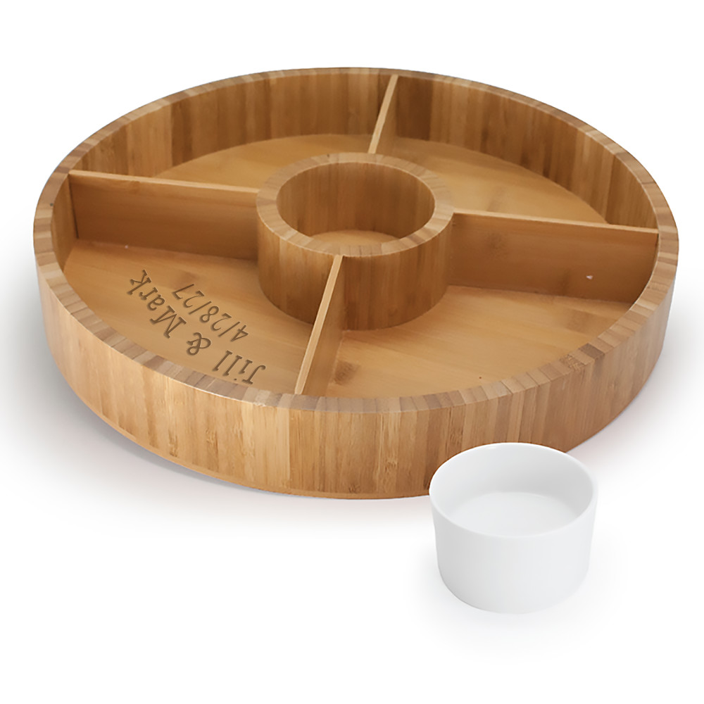 Eco-Friendly 4-Sectional Gourmet Bamboo Serving Party Tray + Ceramic Bowl
