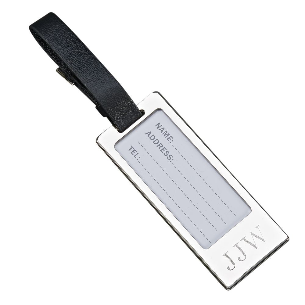 Polished Nickel Luggage ID Tag with Black Leather Strap