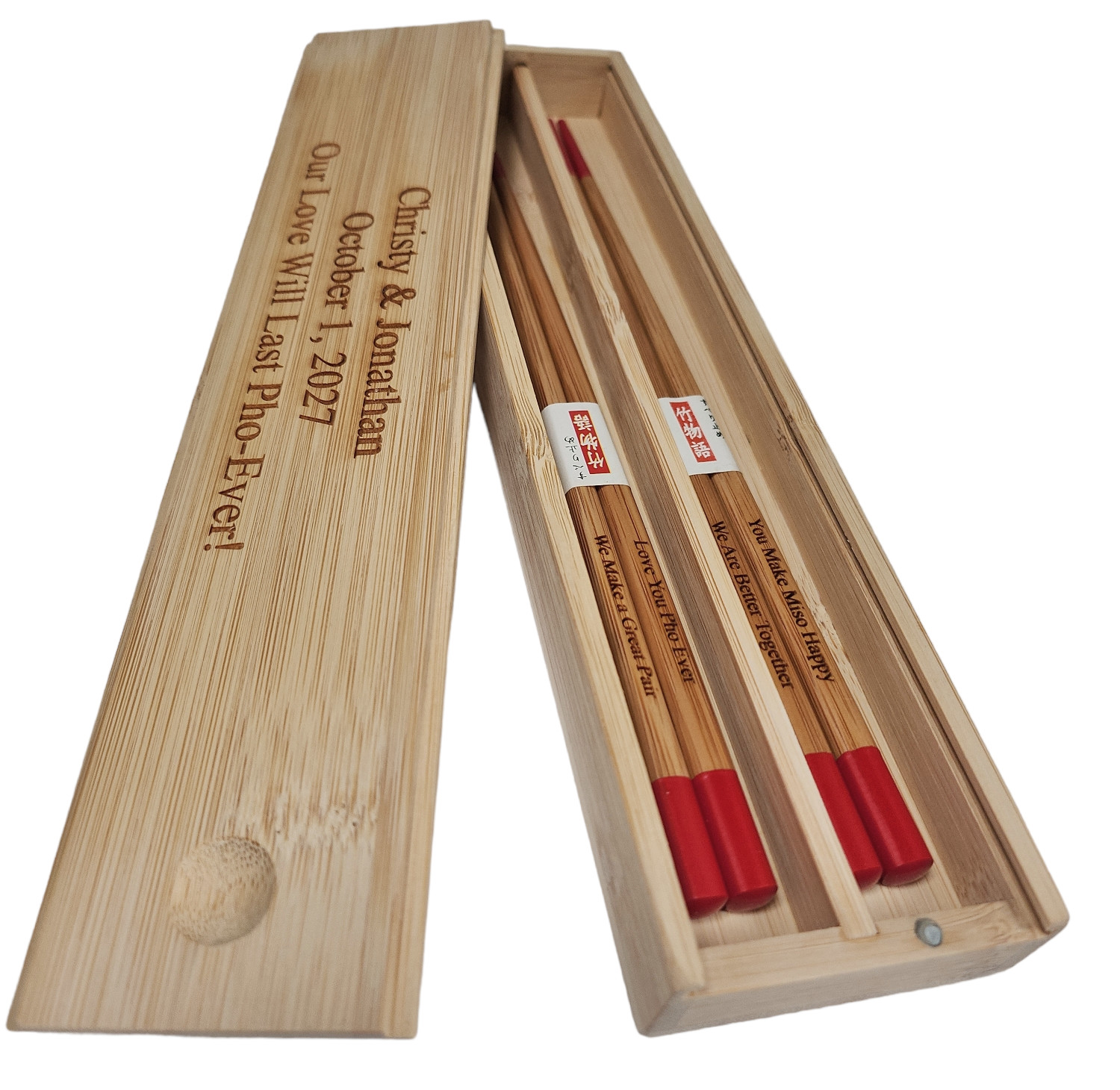 2-Sets Engraved Red Bamboo Chinese Chopsticks Pairs (Optional Double Chopsticks Box)