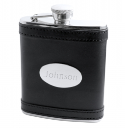 Engraved Black Leather Polished Stainless Steel Flask