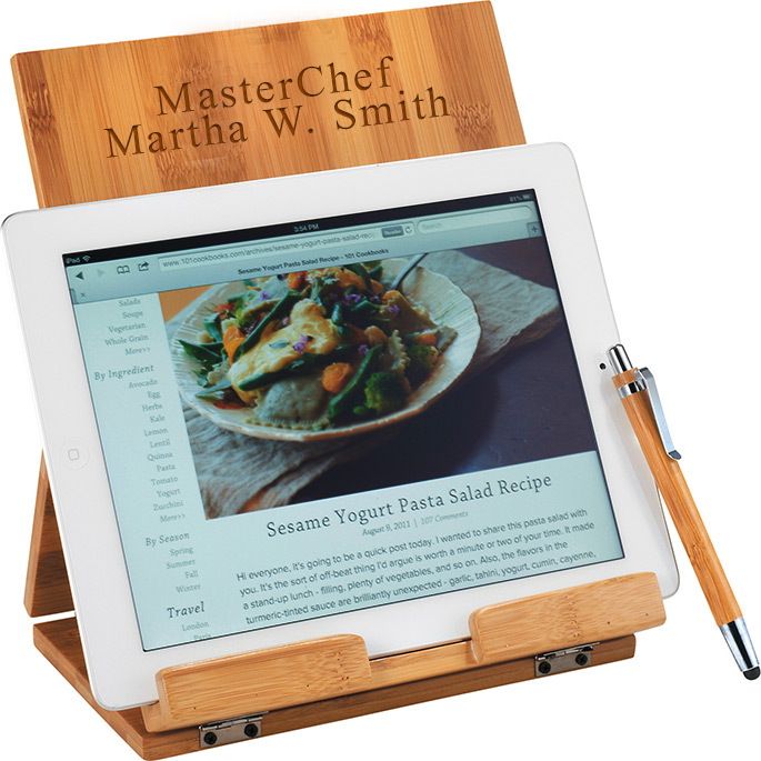 Tablet/Recipe Book Bamboo Stand with Ballpoint Stylus