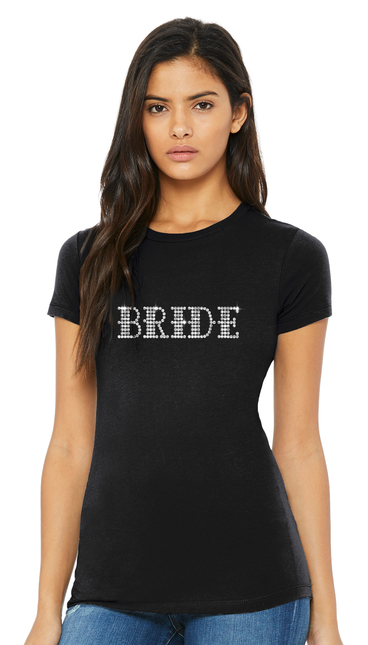 Personalized Crystal Rhinestones Women's Short Black Sleeve Tee