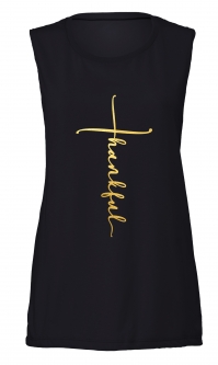 Personalized Foiled/Metallic "THANKFUL" Cross Women's Christian Black Fitness Jersey Tank