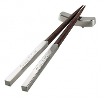 Engraved Brown Silver Asian Wood Chopsticks + Rest (3-Piece Set)