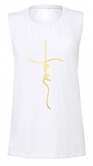 Personalized Foiled/Metallic Jesus "SAVED" Cross Women's Christian White Fitness Jersey Tank