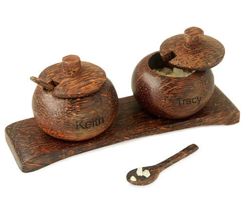 Hand Carved Mini Coconut Salt & Pepper Pot Server & Spoon*