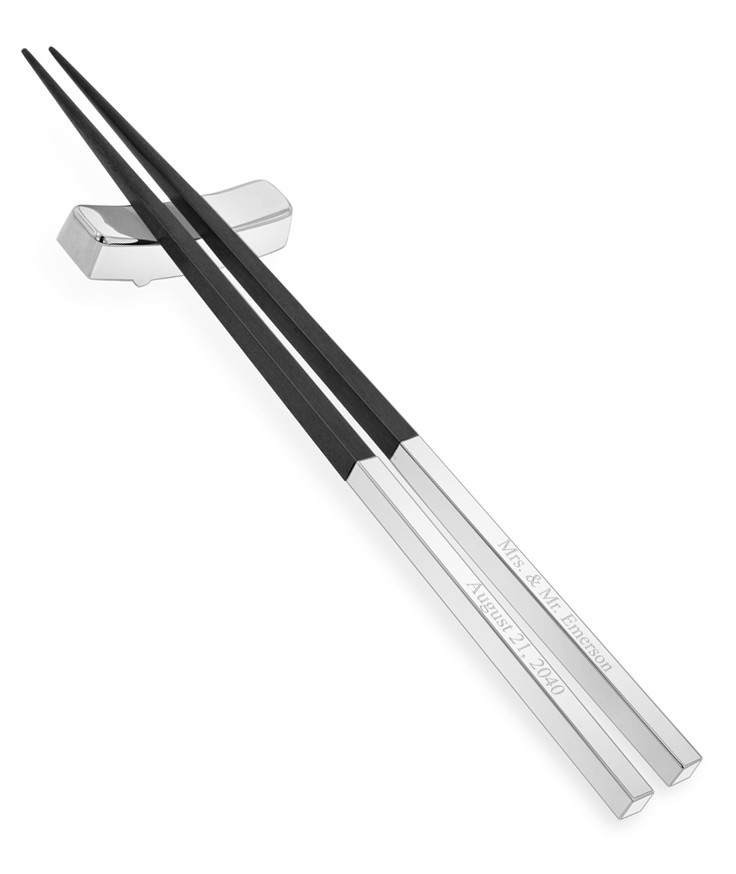 Personalized Black Silver Chinese Wood Chopsticks + Rest (3 Piece Set)*