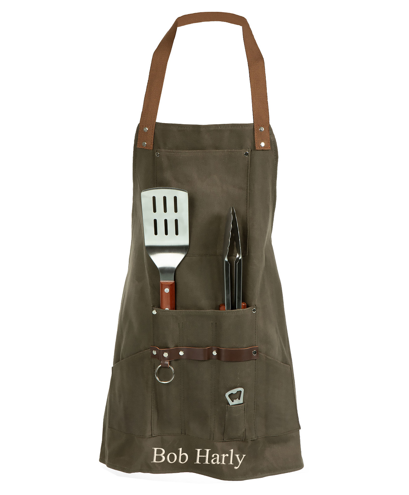 Smart BBQ Waxed Canvas Apron with Grilling Tool Set & Metal Retractable Bottle Opener