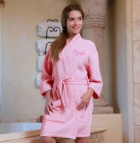 Thigh High Pink Kimono Soft Waffle Weave Robe with Dual Pockets