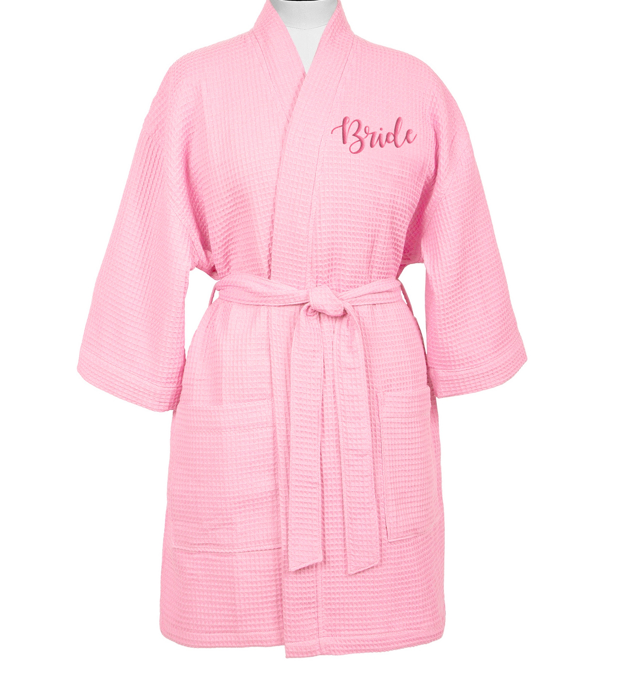 Thigh High Pink Kimono Soft Waffle Weave Robe with Dual Pockets