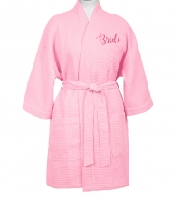 Thigh High Pink Kimono Soft Waffle Weave Robe with Dual Pockets