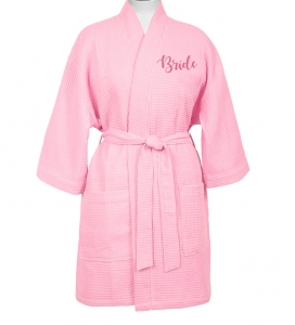 Thigh High Pink Kimono Soft Waffle Weave Robe with Dual Pockets