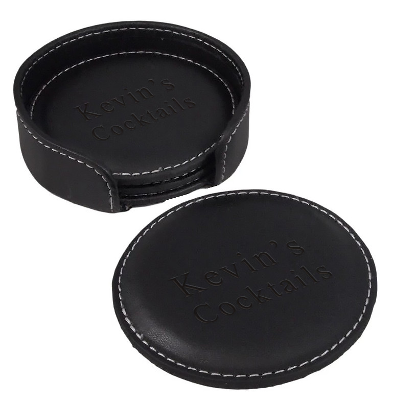 White Stitching Round Black Leather Coasters with Holder Set