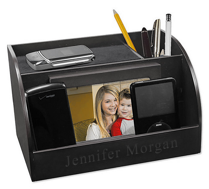 Black Wood Finish Smart Phone & Picture Frame Desk Organizer Charging Station