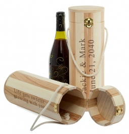 Custom Cylinder Wooden Wine Box Bottle Carrier with Rope Handle and Golden Metal Latch