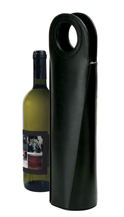 Single Insulated Black Leather Wine Bottle Bag Carrier with Carry