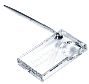 Crystal Office Globe Name Plate & Silver Pen Set