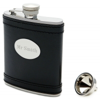 Engraved Black Leather Flask