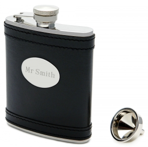 Engraved Black Leather Flask