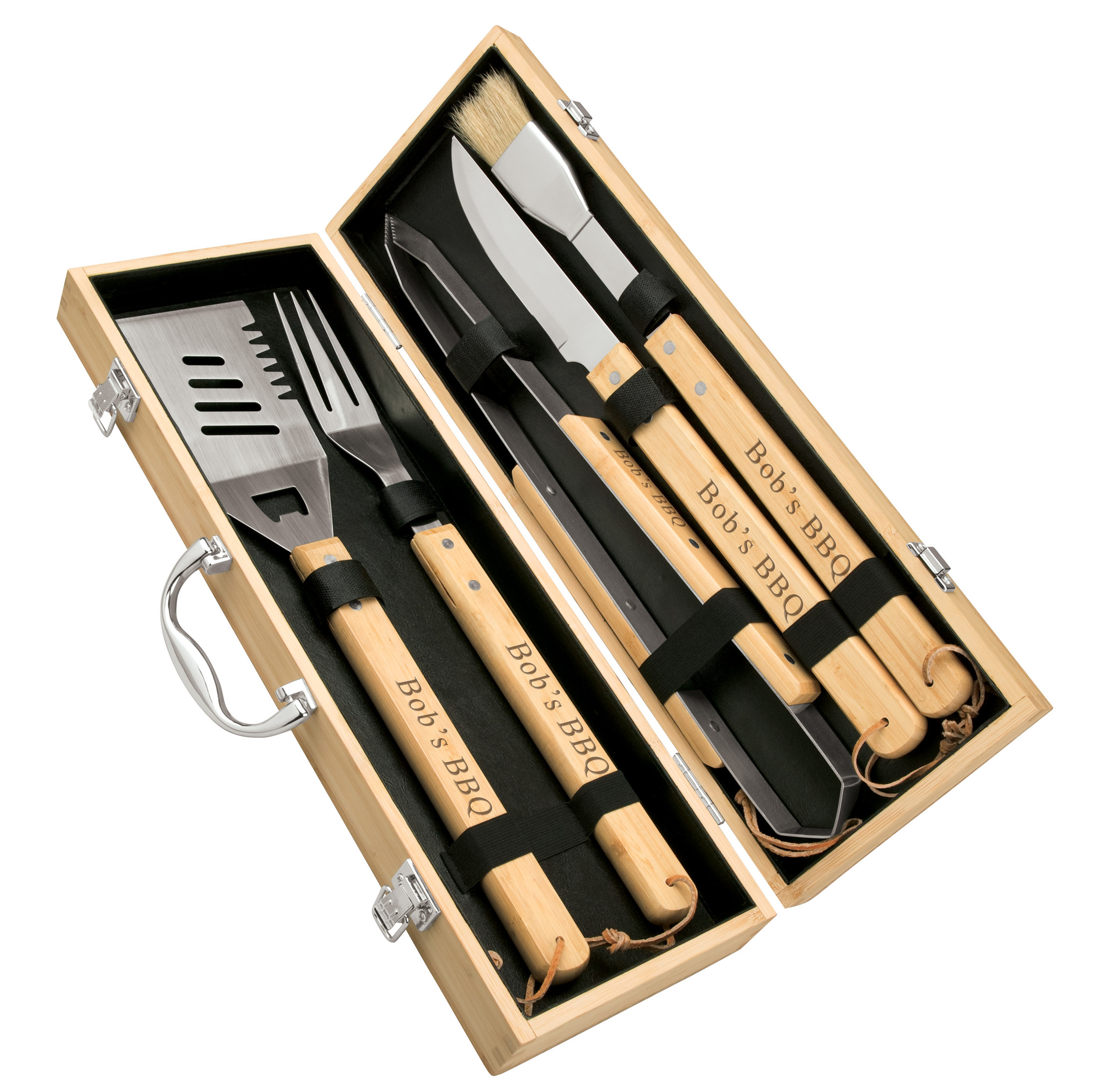 5-Piece BBQ Grilling Tools Utensil Set with Premium Metal Handle Bamboo  Carry Case