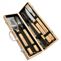 5-Piece BBQ Grilling Tools Utensil Set with Premium Metal Handle Bamboo Carry Case