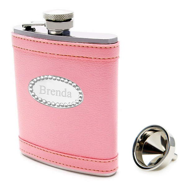 Pink Leather Flask With Crystal Rhinestone Engraving Plate*
