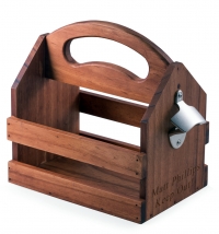 To Go 6-Pack Solid Wood Beverage Bottle Caddy w/ Bottle Opener