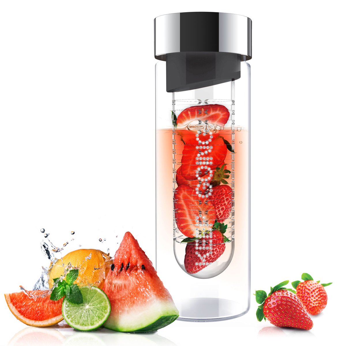 Glass Flavor Drinking Water Bottle with Built In Fruit Infuser (Optional Crystal Rhinestones