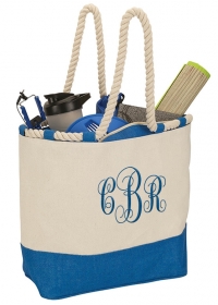 Nautical Zippered Closure Canvas Beach Tote Bag with Rope Handles
