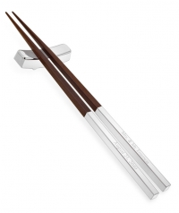 Engraved Brown Silver Asian Wood Chopsticks + Rest (3-Piece Set)