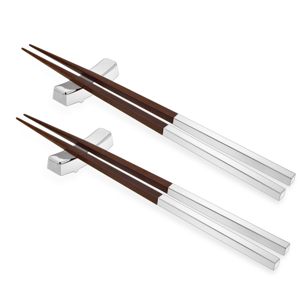 Engraved Brown Silver Asian Wood Chopsticks + Rest (3-Piece Set)