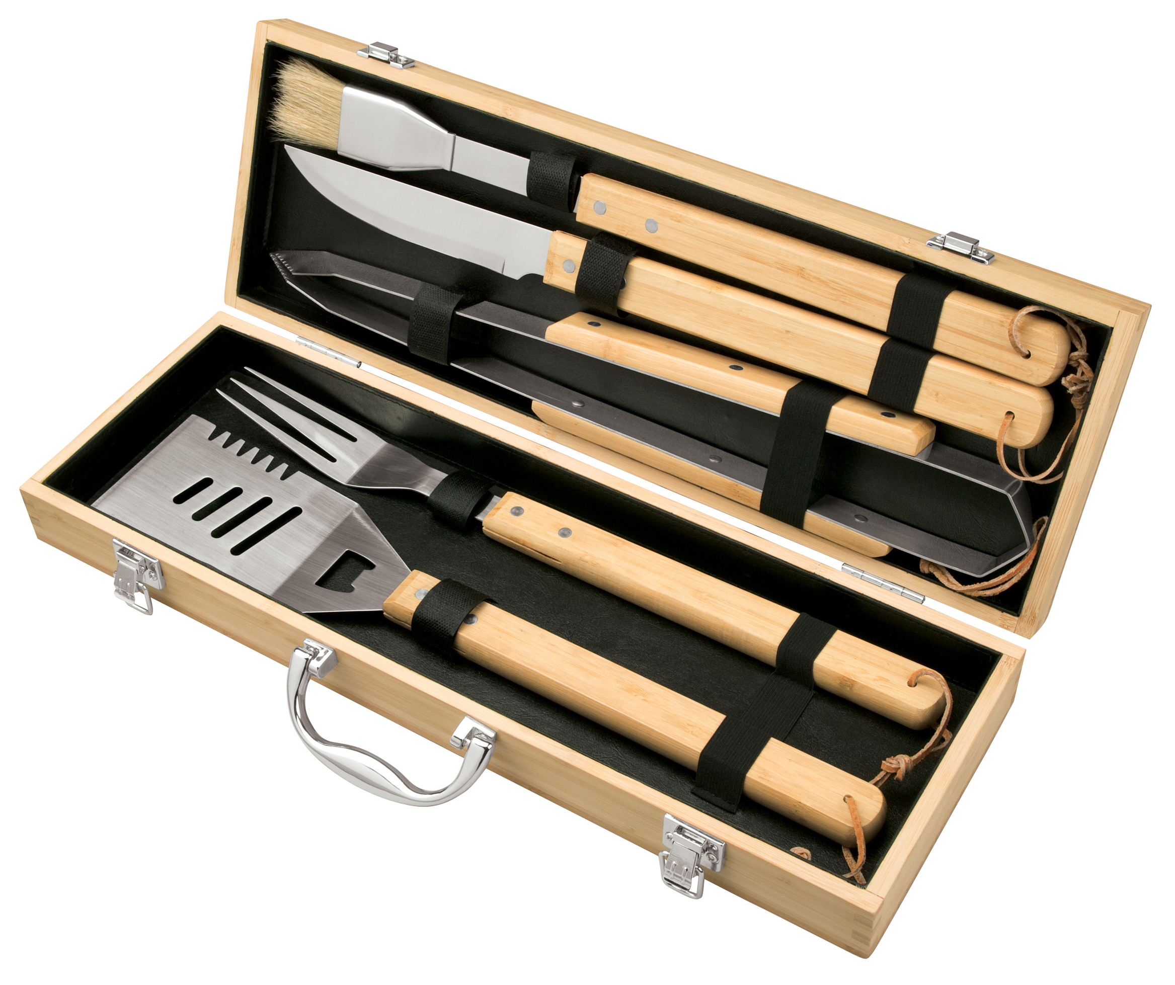 5-Piece BBQ Grilling Tools Utensil Set with Premium Metal Handle Bamboo  Carry Case