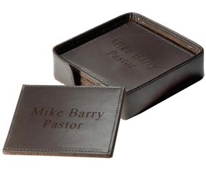 Square Brown Leather Coasters with Holder (Set of 4)