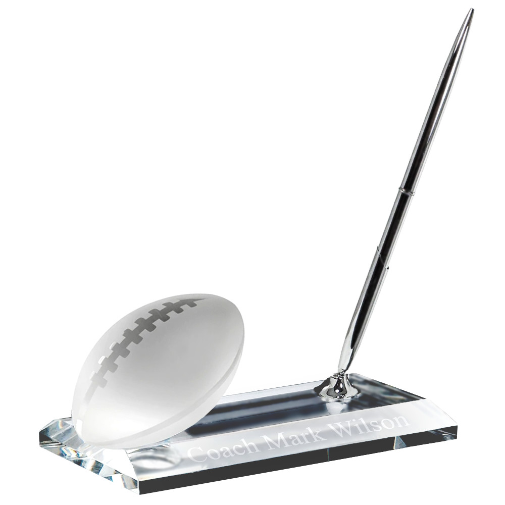 Crystal Desk Name Plate Football Paper Weight and Pen Desk Stand Set