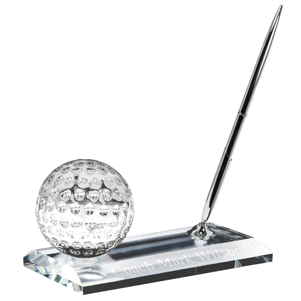 Crystal Desk Name Plate Golf Ball Paper Weight and Pen Desk Stand Set: 