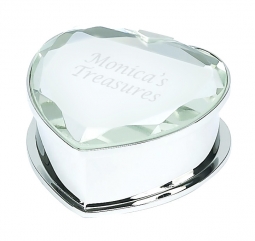 Polished Silver Finish w/ Glass Mirror Cover Heart Trinket Box