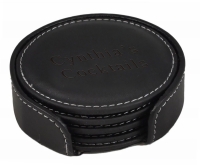 White Stitching Round Black Leather Coasters with Holder Set