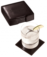 Square Brown Leather Coasters with Holder (Set of 4)