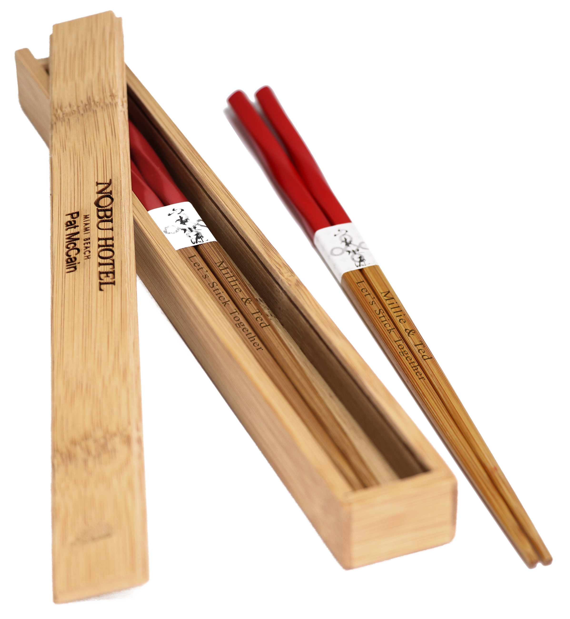 Engraved Fine Dining Twisted Red Chinese Bamboo Chopsticks Pair & Box