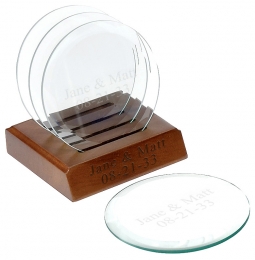Clear Round Glass Coasters with Solid Wood Base Holder